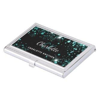 Black teal glitter dust green monogram name  case