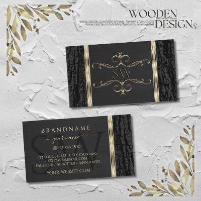 Black Tree Bark Grain Gold Ornate Border Monogram