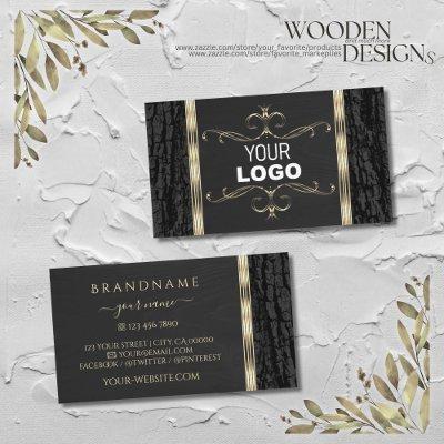 Black Tree Bark Wood Grain Gold Ornate Border Logo