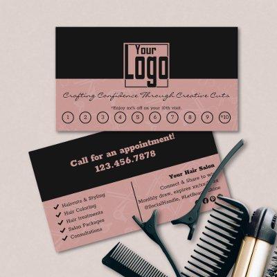 Black & Tuscany Pink Hair Salon Logo Rewards Loyalty Card