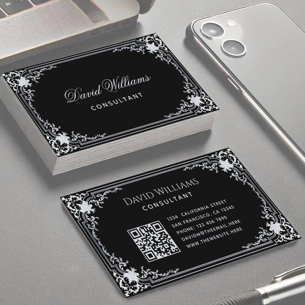 Black Vintage Elegant Script QR Code Calligraphy