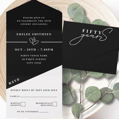 Black White 50th Birthday or Anniversary All In One Invitation
