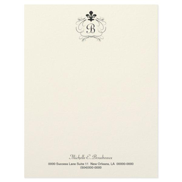 Black White Elegant Fleur de Lis Monogram Letterhead