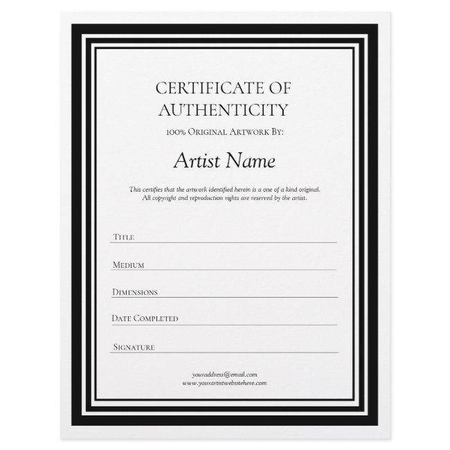 Black & White Letter Certificate of Authenticity  Letterhead