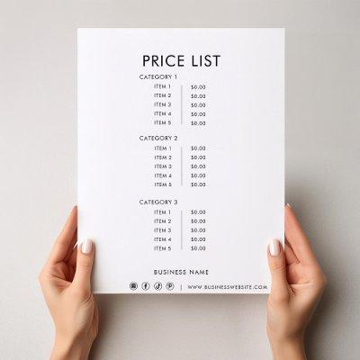 Black White Minimalist Formal Simple Price List