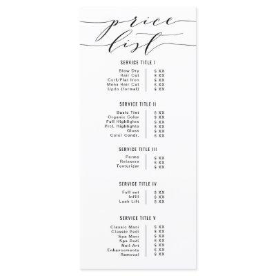 Black & White Modern Calligraphy Price List Salon Menu