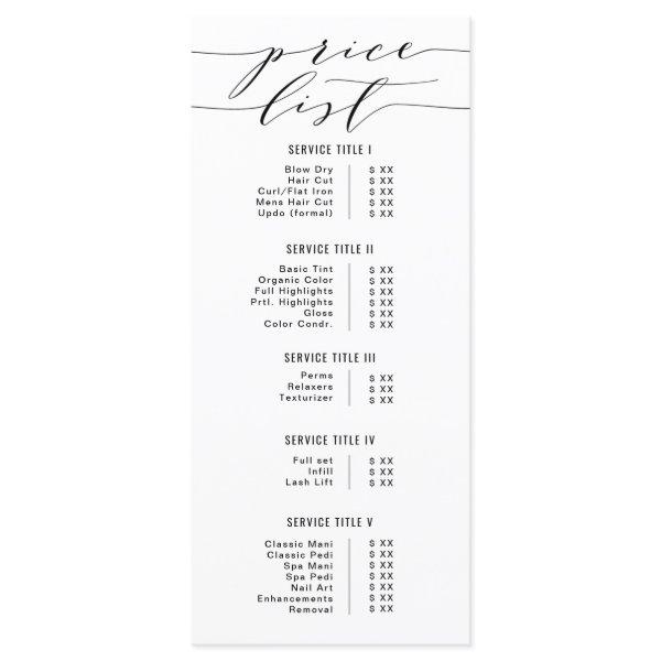 Black & White Modern Calligraphy Price List Salon Menu