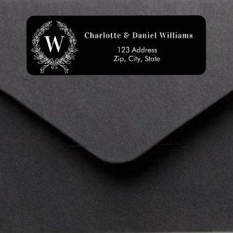 Black white monogram initial wreath return address label
