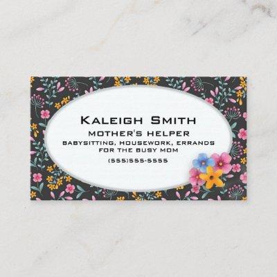 Black with Pink and Yellow Floral Mother's Helper Calling Card