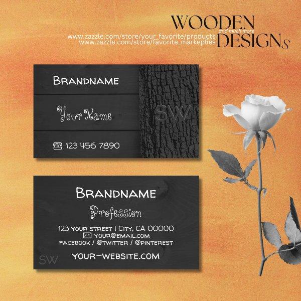 Black Wooden Boards Rustic Tree Bark with Monogram