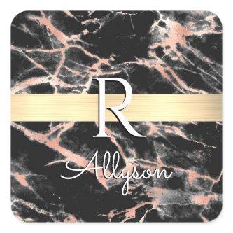 Blk & Rose Gold Marble Gold Bar, Wht Name Monogram Square Sticker