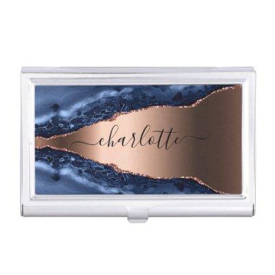 Blue agate marble rose gold name script  case