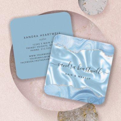 Blue Agate Silver Glitter Luxury Rounded Corners Square