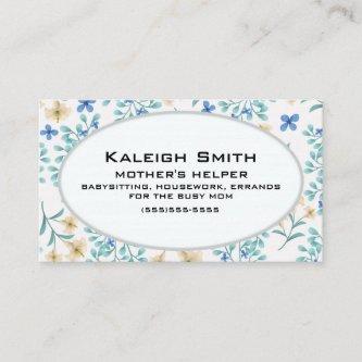 Blue and Cream Floral on White Mother's Helper Calling Card