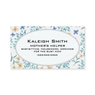 Blue and Cream Floral on White Mother's Helper Calling Card