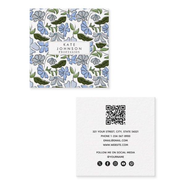 Blue and Green Hand Drawn Floral Block Print Square