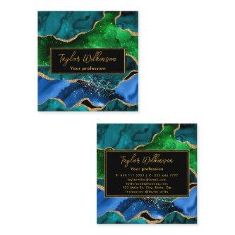 Blue and Green Peacock Faux Glitter Agate Square