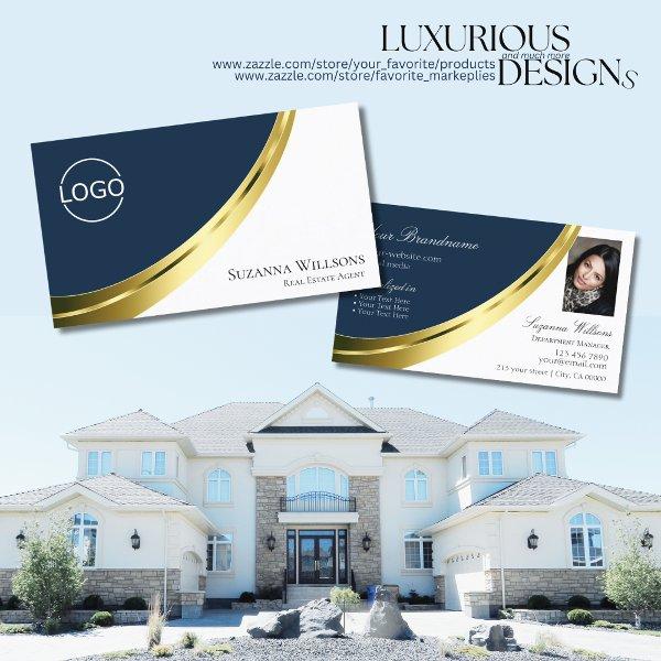 Blue and White Chic Gold Decor with Logo and Photo