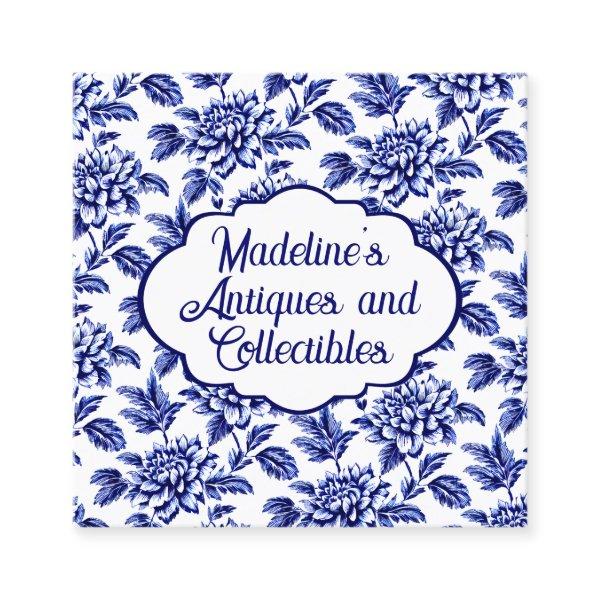 Blue and White Dahlia Flowers Toile de Jouy Square
