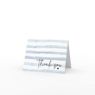 Blue and White Watercolor Stripes Folded Thank You Card