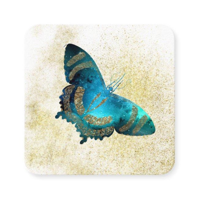*~* Blue Aqua Gold Glitter Gilded Gold Butterfly Square