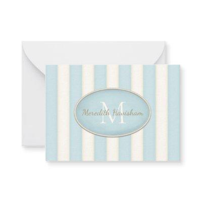 Blue & Cream Stripes Oval Framed Monogram Custom Note Card