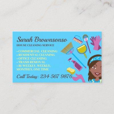 Blue Dark Skin Janitorial Lady House Cleaning