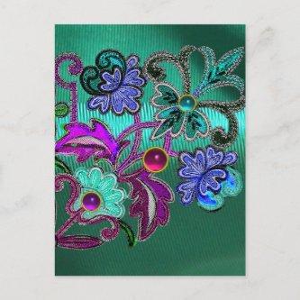 BLUE FLORAL LACE,PINK SILK CLOTH ,COLORFUL GEMS HOLIDAY POSTCARD