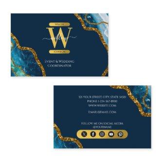 Blue & Gold Agate Geode Glitter Monogram Marble
