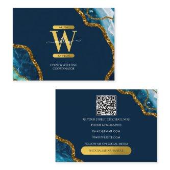 Blue Gold Agate Geode Glitter Monogram QR Code