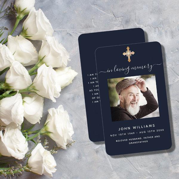 Blue gold cross photo funeral prayer card