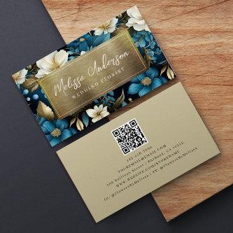 Blue Gold Floral Foil QR Code Luxe