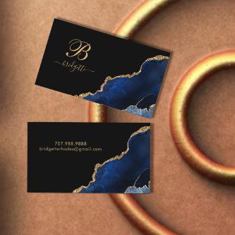 Blue Gold Glitter Agate Geode Monogram Calling Card