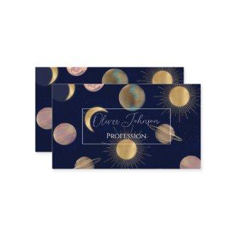 Blue Gold Sun Moon Planets Space illustration