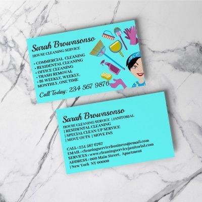 Blue Janitor Woman Cartoon House Cleaning