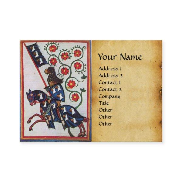 BLUE KNIGHT HORSEBACK Red Roses Medieval Parchment