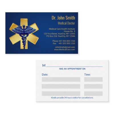 Blue Medical 3D Caduceus Gold Cross Appointment Card