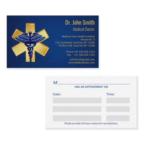 Blue Medical 3D Caduceus Gold Cross Appointment Card