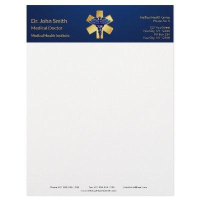 Blue Medical 3D Caduceus Gold Cross Letterhead