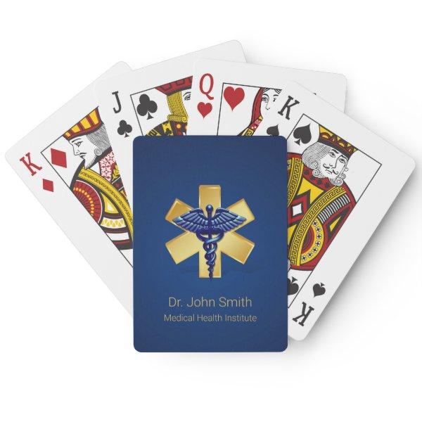 Blue Medical 3D Caduceus Gold Cross Poker Cards