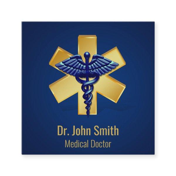 Blue Medical 3D Caduceus Gold Cross Square