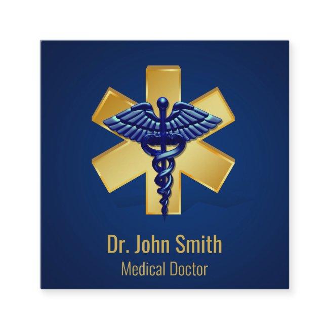 Blue Medical 3D Caduceus Gold Cross Square