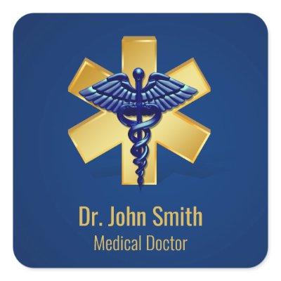 Blue Medical 3D Caduceus Gold Cross Square Sticker