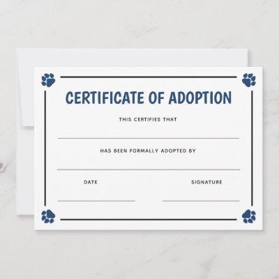 Blue Paw Print Frame Pet Certificate of Adoption