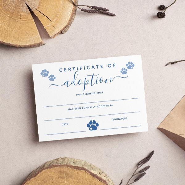 Blue Paw Prints Certificate of Adoption