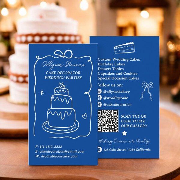 Blue Retro French Scribble cake decorator qr code