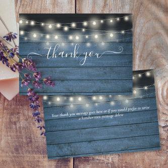 Blue Rustic Wood String Lights Script Wedding Thank You Card