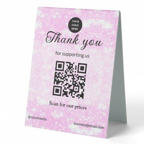blue sparkle add logo text Q R code scan here Table Tent Sign