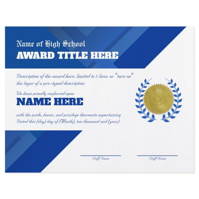 BLUE SPORTS Recognition Award Certificate Letterhead