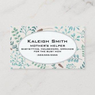 Blue Teal Leaves / Greenery White Mother's Helper Calling Card